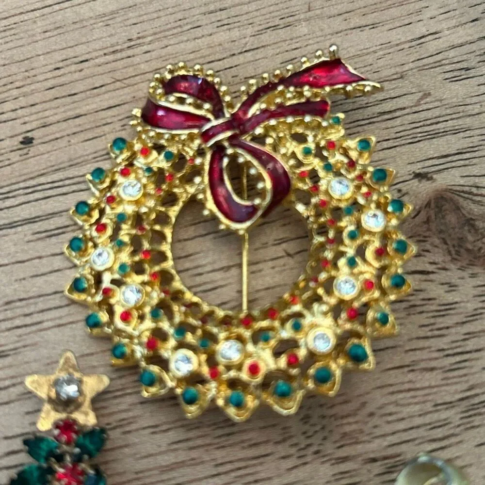 Lot of 3 vintage Christmas pin brooch wreath Christmas tree rhinestone bells